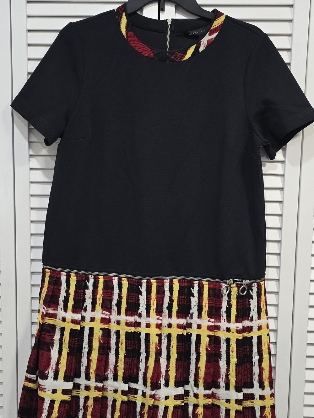 Marc Jacobs Black Top Dress with Red, Yellow & White Plaid Skirt